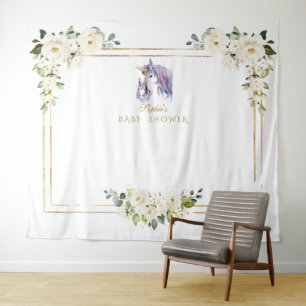 White Floral Unicorn Foto Booth Babydusche Wandteppich