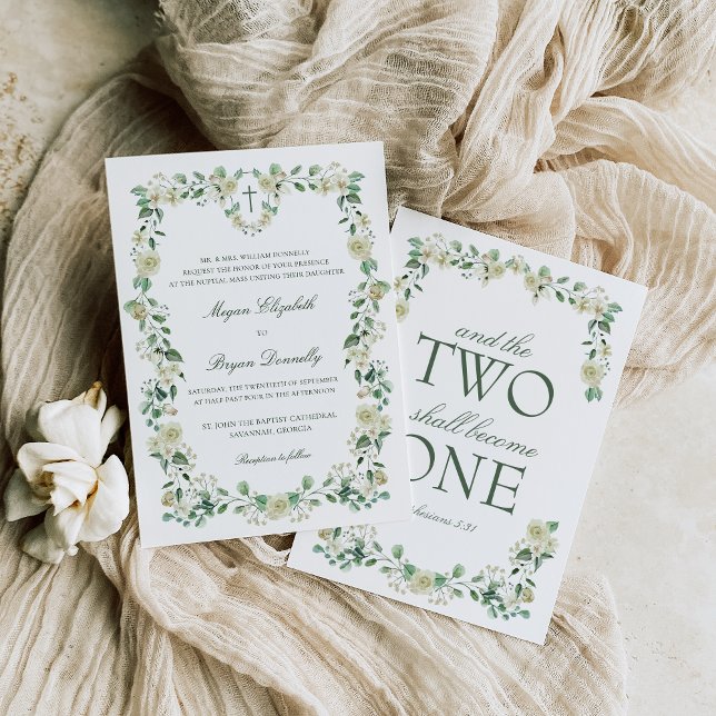 White Floral Watercolor Wappen Katholische Hochzei Einladung (Dainty Catholic wedding invitation with white flowers and greenery and Bible verse)