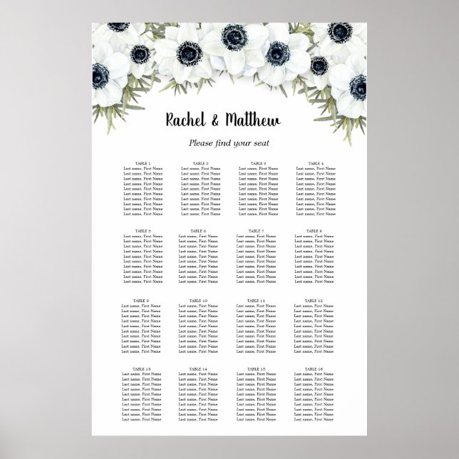 White Floral Wedding 16 Table Seating Chart Poster (Vorne)