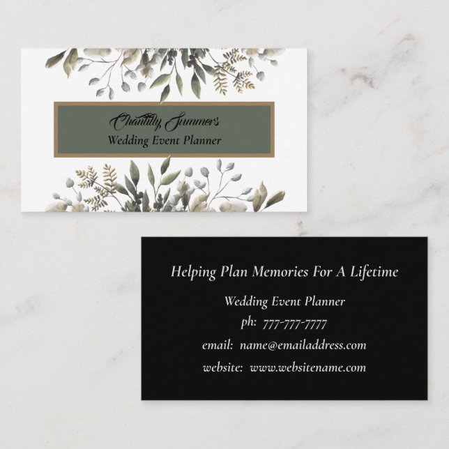 White Floral Wedding Event Planner Business Card Visitenkarte (Vorne/Hinten)