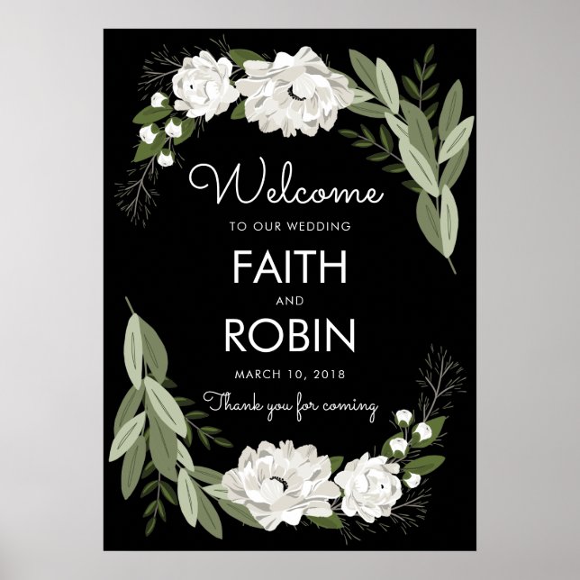White Floral Wedding Sprigs Willkommenspender Poster (Vorne)