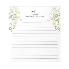White Floral Wildflower Classic Monogram Lined Notizblock