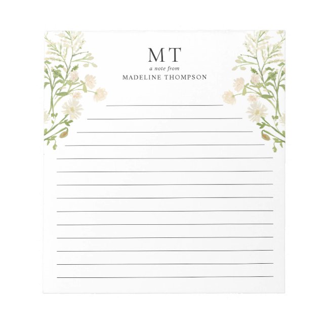 White Floral Wildflower Classic Monogram Lined Notizblock (Vorderseite)