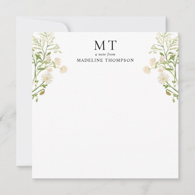 White Floral Wildflower Classic Monogram Square Mitteilungskarte (Vorderseite)
