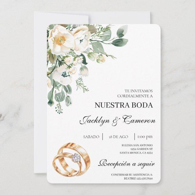 White Floral with ring Spanish Wedding Invitation Einladung (Vorderseite)
