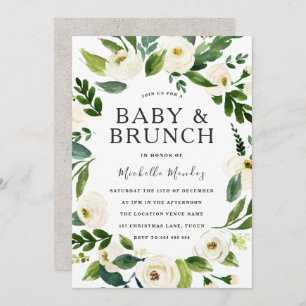 White Floral Wreath Babydusche Brunch Einladung