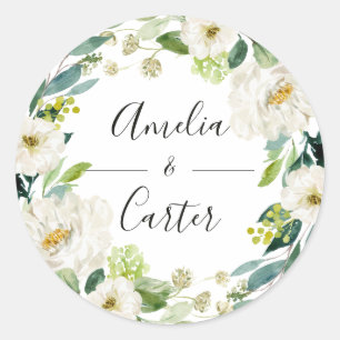 White Floral Wreath Wedding Classic Round Sticker