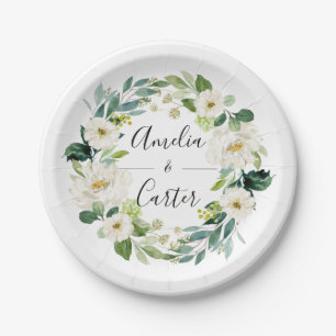 White Floral Wreath Wedding Paper Plate Pappteller