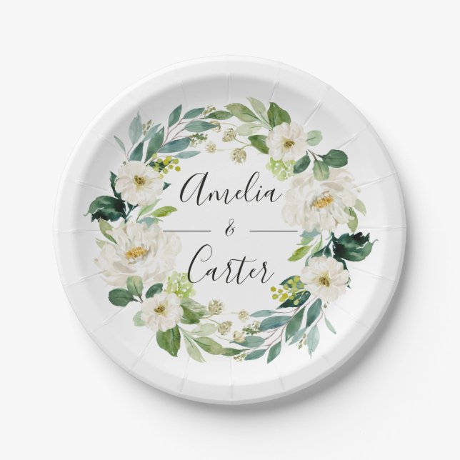 White Floral Wreath Wedding Paper Plate Pappteller (Vorderseite)