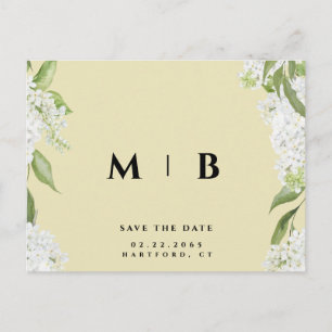 White Floral Yellow Monogram Wedding Rett Date Postkarte