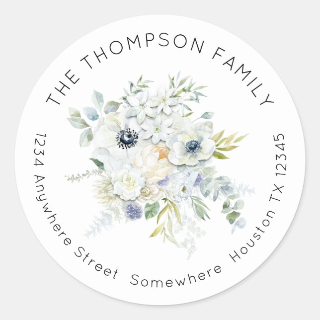 White Florals Eucalyptus Rücksendeadresse Runder Aufkleber (Vorderseite)