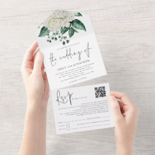 White Florals Foliage QR Code Skript Hochzeit All In One Einladung