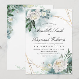 White Florals Gold Frame | Peony Wedding Einladung