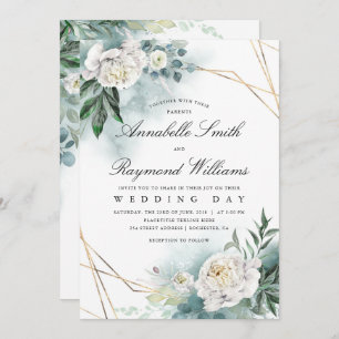 White Florals Gold Frame   Peony Wedding Einladung