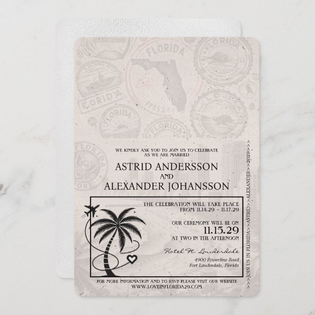 White Florida Passport Hochzeit Einladung (Vorne/Hinten)