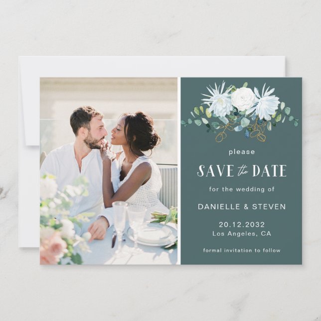 White flower eucalyptus elegant photo wedding save the date (Vorderseite)