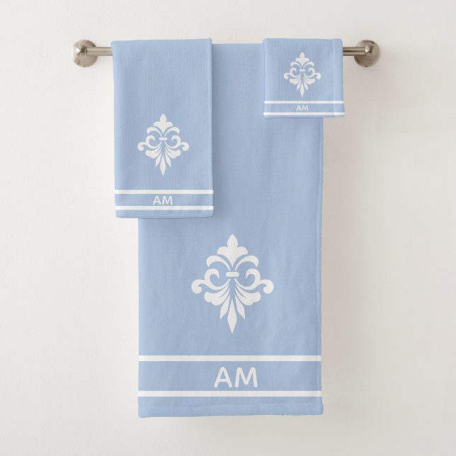 White Flower, Monogram and Stripes on Light Blue Badhandtuch Set (Insitu)