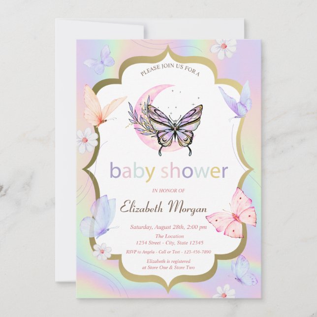 White Flowers Butterflies Holographic Baby Shower  Einladung (Vorderseite)