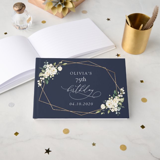 White Flowers, Cream Flowers, Boho, Birthday Gästebuch (Vorderseite Offen)