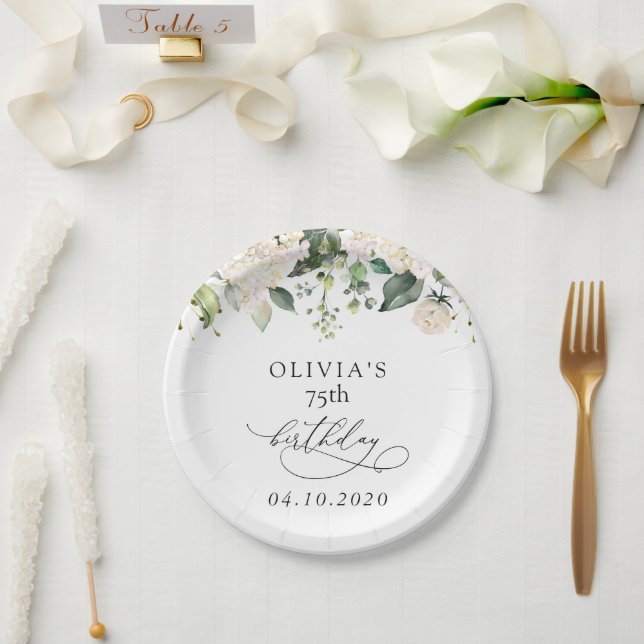 White Flowers, Cream Flowers, Boho, Birthday Pappteller (Hochzeit)