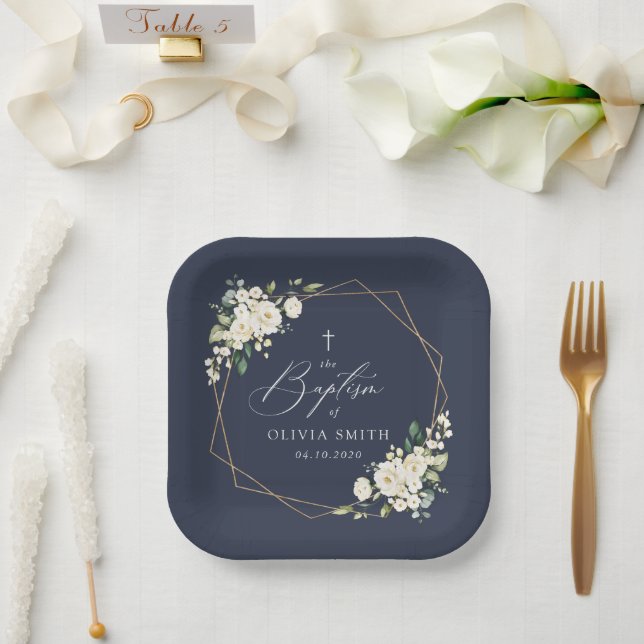 White Flowers, Cream Flowers, Boho, Floral Baptism Pappteller (Hochzeit)