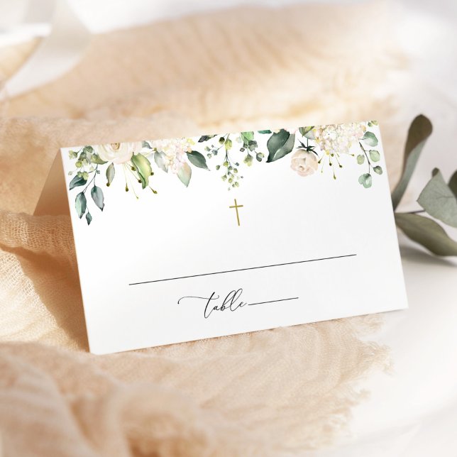 White Flowers, Cream Flowers, Boho, Floral Baptism Platzkarte (Von Creator hochgeladen)
