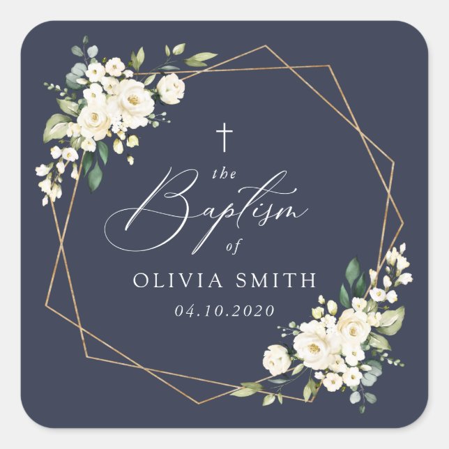 White Flowers, Cream Flowers, Boho, Floral Baptism Quadratischer Aufkleber (Vorderseite)