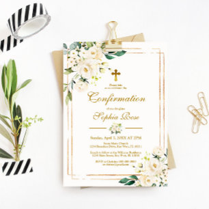 White Flowers & Gold Frame Girl Confirmation Einladung