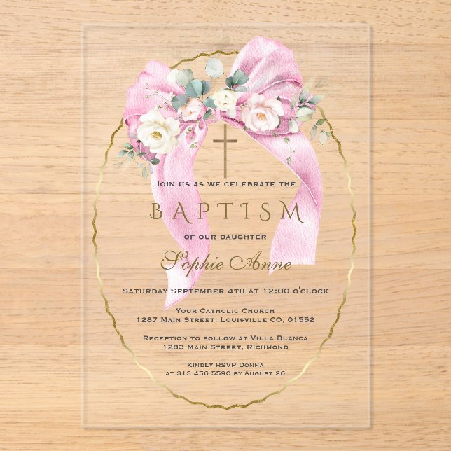 White Flowers Pink Bow Girl Baptism Transparent   Acryleinladungen (Vorderseite)