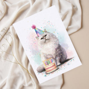 White Fluffy Birthday Cat - Party Hat Cat Postkarte