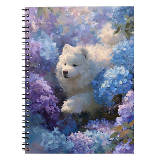 White Fluffy Dog in Hydrangea Garden Notebook Notizblock (Vorderseite)