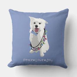 White Fluffy Dog - Peace Joy Liebe - Holiday Kissen