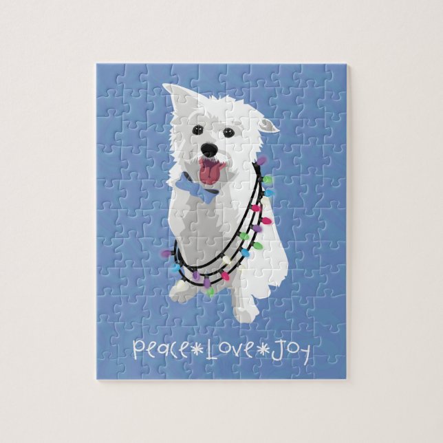 White Fluffy Dog - Peace Joy Liebe - Holiday Puzzle (Vertikal)