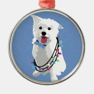 White Fluffy Dog - Peace Joy Liebe - Holiday Silbernes Ornament