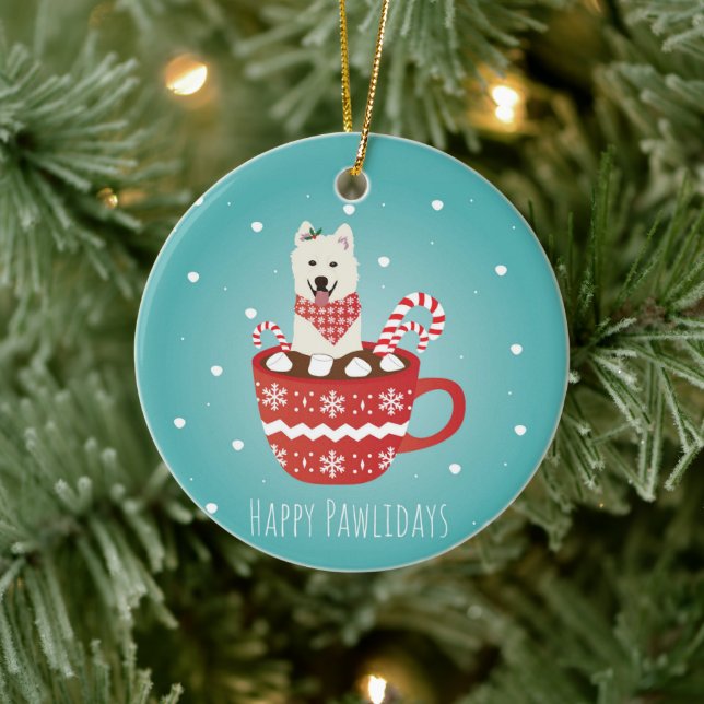 White Fluffy Hund Weihnachten glücklich Pawlidays Keramik Ornament (Baum)