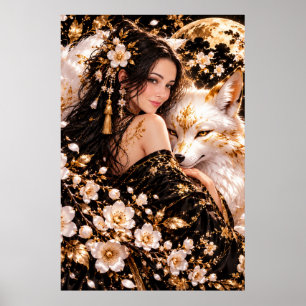 White Fox Lady — Neon-Seelenporträt Poster