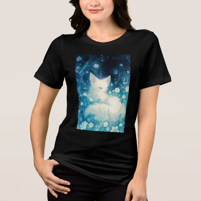 White Fox Slumbering in Floral Tri-Blend Shirt (Vorderseite)