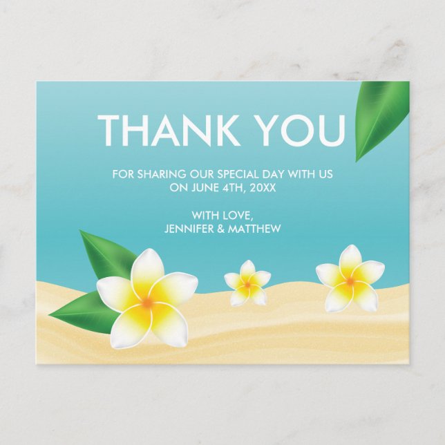 White Frangipani Beach Wedding Vielen Dank Postkarte (Vorderseite)