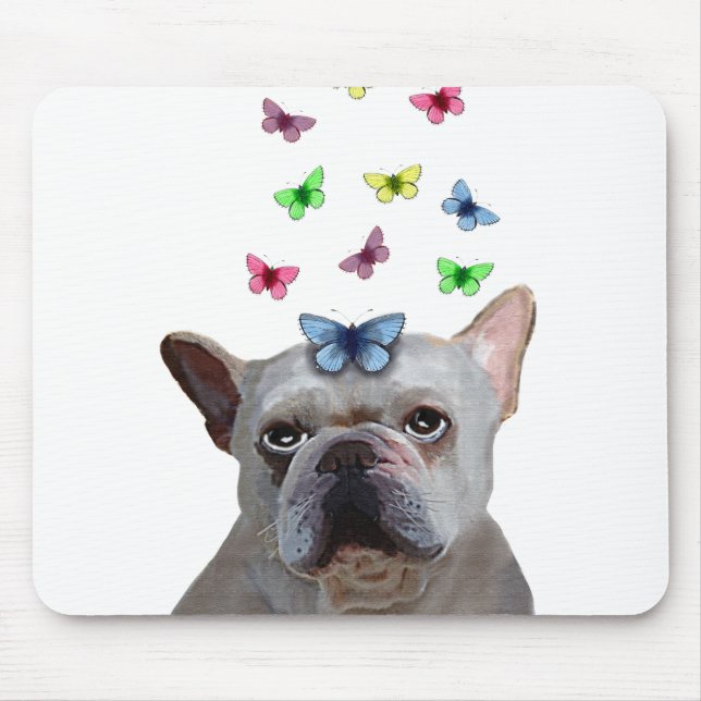 White French Bulldog und Butterfliegen Mousepad (Vorne)
