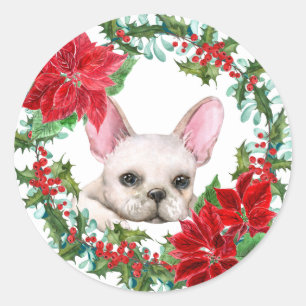 White Frenchie Poinsettia Holly Berry Wreath Runder Aufkleber