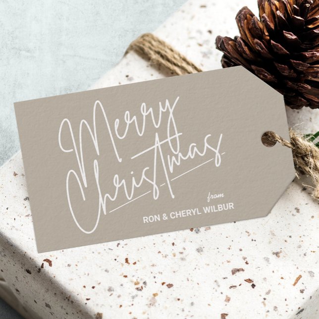 White Frohe Weihnachten Geschenkanhänger (White Script Merry Christmas Tan Gift Tags)
