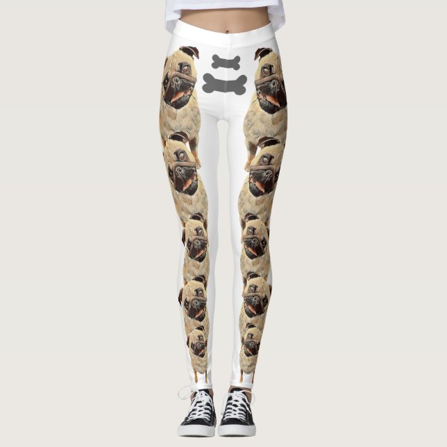 White Fun und Funky Pastel Mops Hunde Leggings (Vorderseite)