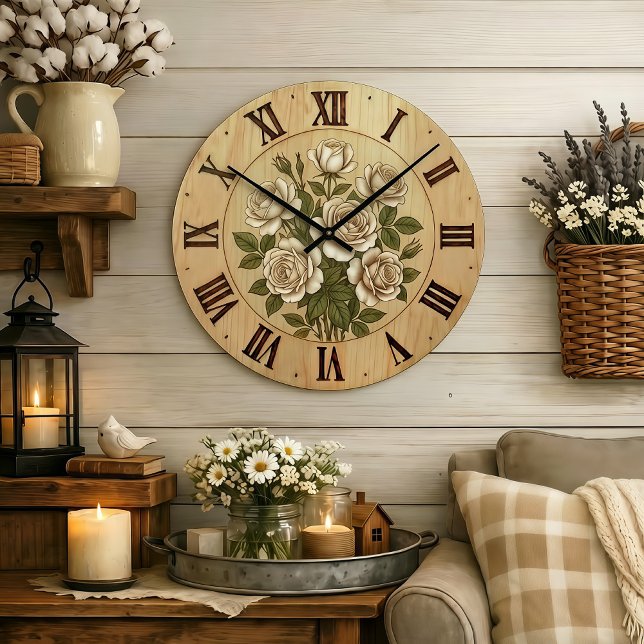 White Garden Flowers Wall Clock Große Wanduhr (Von Creator hochgeladen)