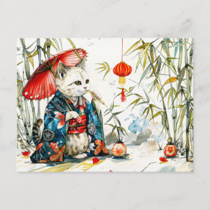 White Geisha Cat with Red Umbrella in Bamboo Fores Postkarte