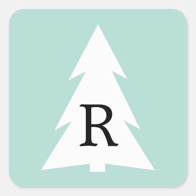White Geometric Tree on Mint Green Custom Monogram Quadratischer Aufkleber (Vorderseite)