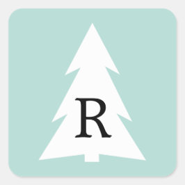 White Geometric Tree on Mint Green Custom Monogram Quadratischer Aufkleber
