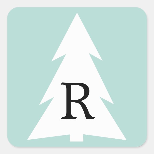 White Geometric Tree on Mint Green Custom Monogram Quadratischer Aufkleber (Vorderseite)