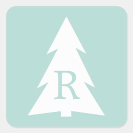 White Geometric Tree on Mint Green, Your Monogram Quadratischer Aufkleber