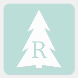 White Geometric Tree on Mint Green, Your Monogram Quadratischer Aufkleber