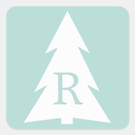 White Geometric Tree on Mint Green, Your Monogram Quadratischer Aufkleber